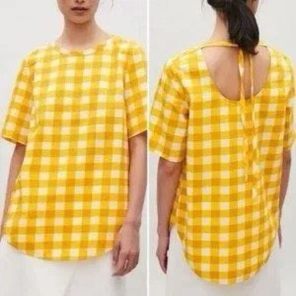 COS Womens Yellow Gingham Check Tie-Back Short Sleeve Tunic Top Size 4 - Picture 1 of 11